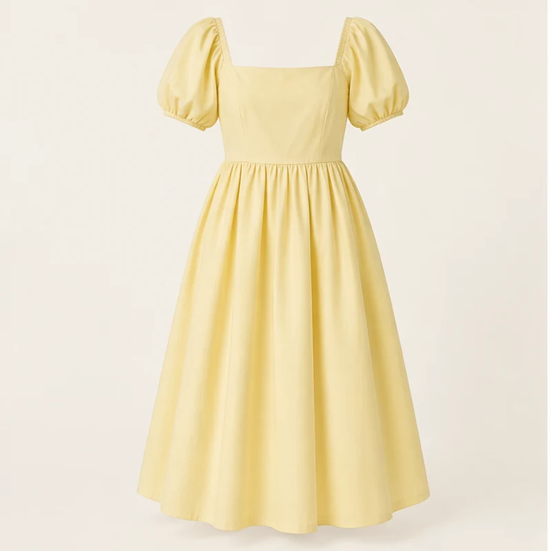 Butter yellow Garden Note Puff-Sleeve Dress, front view