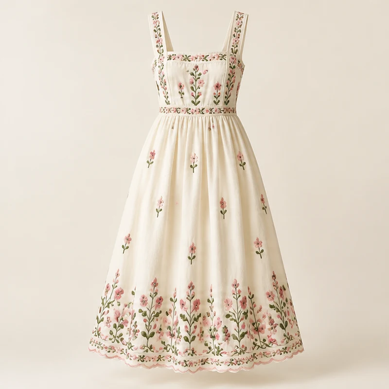 Ivory with pink and green embroidery Fleur Embroidered Midi Dress, front view