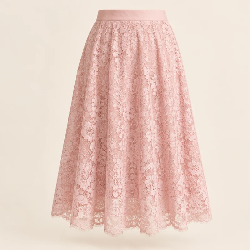 Pale pink Rosewater Lace Midi Skirt, front view